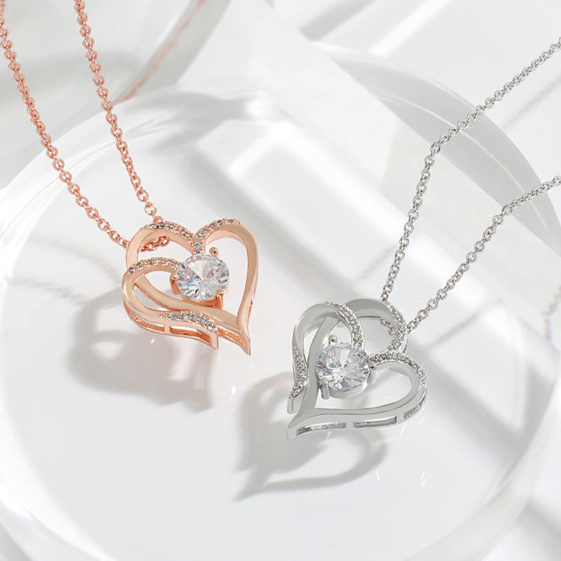 Double Love Herz-Halskette mit Zirkonia | Romantischer Schmuck für Damen - Bild 3