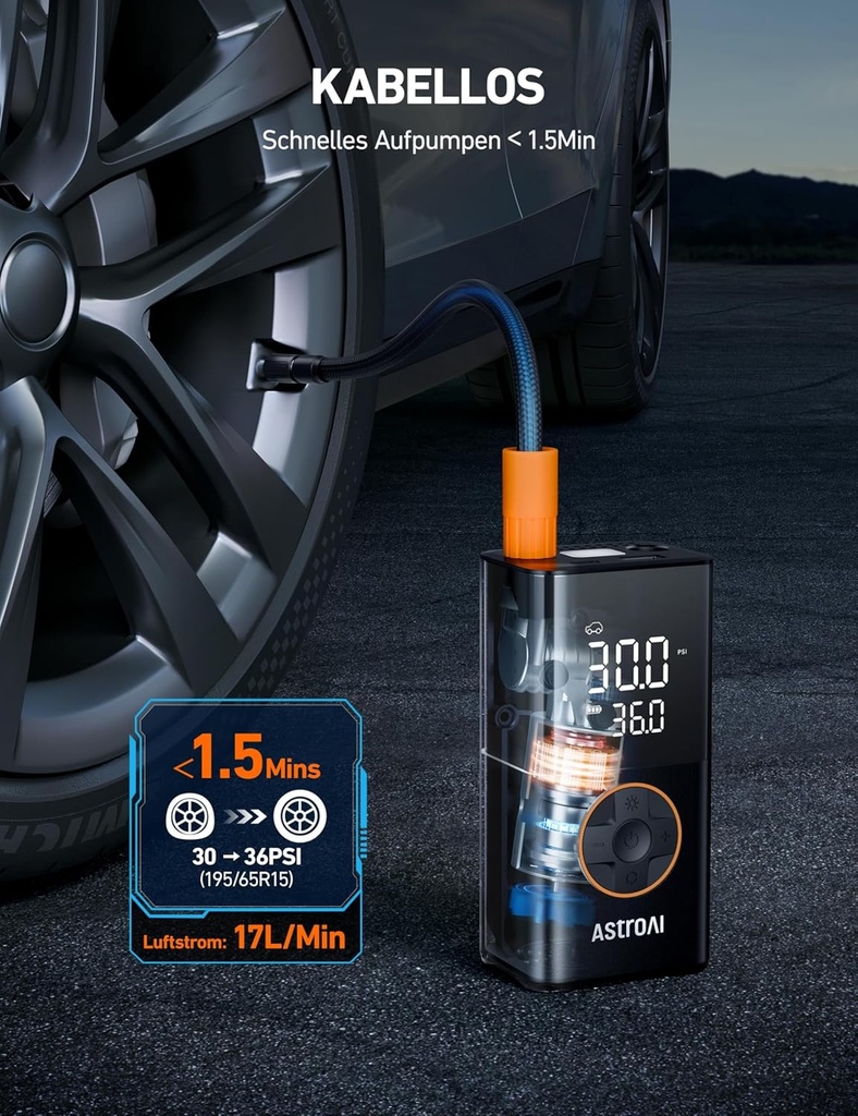 Astroai Kabelloser Elektrische Luftpumpe, Tragbare Akku Fahrradpumpe Mit Alle Ventile, Led-Licht, Wiederaufladbare Reifenpumpe Für Fahrrad, E-Bike, Auto, Motorrad, Bälle