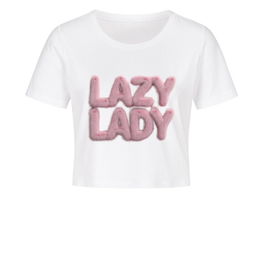 Lazy Lady Crop T-Shirt – Weißes Damen-Shirt mit flauschigem 3D-Schriftzug